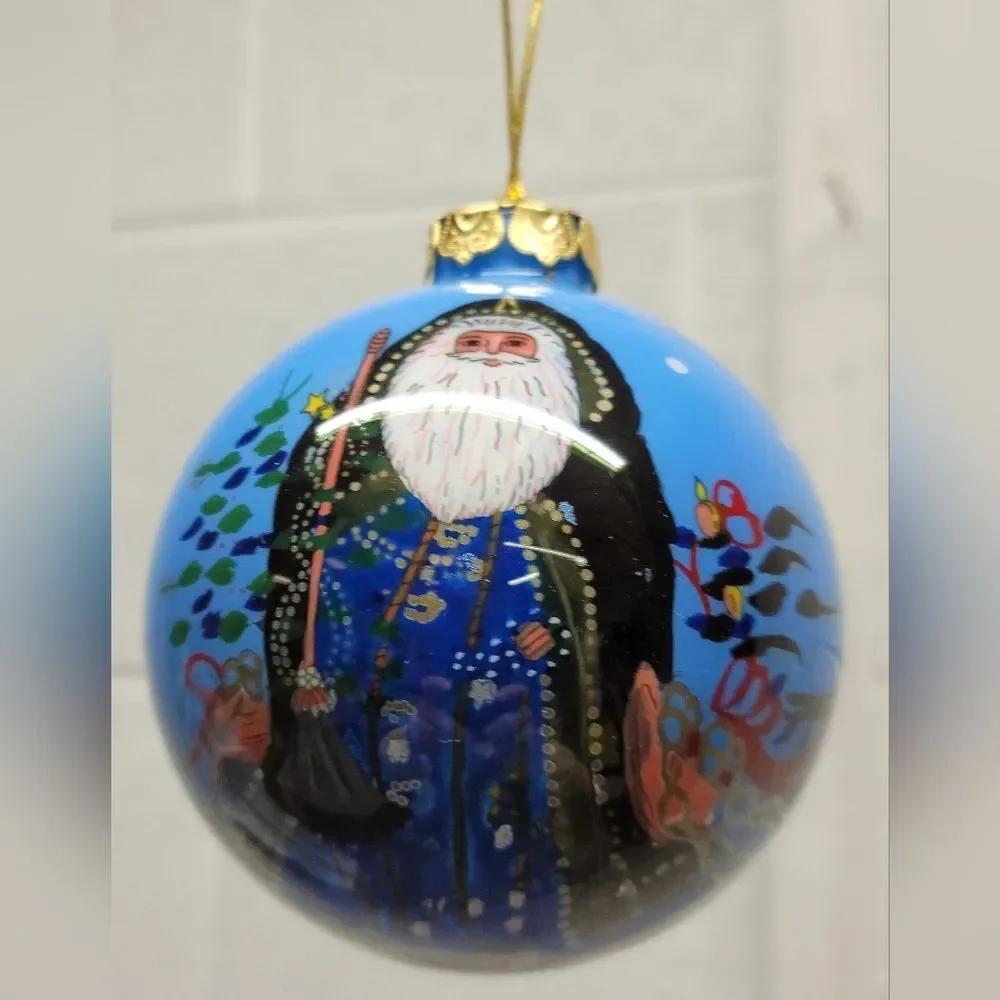 Christmas Ornament Reverse Hand Painted Santa Claus In Snow with Trees 4 in